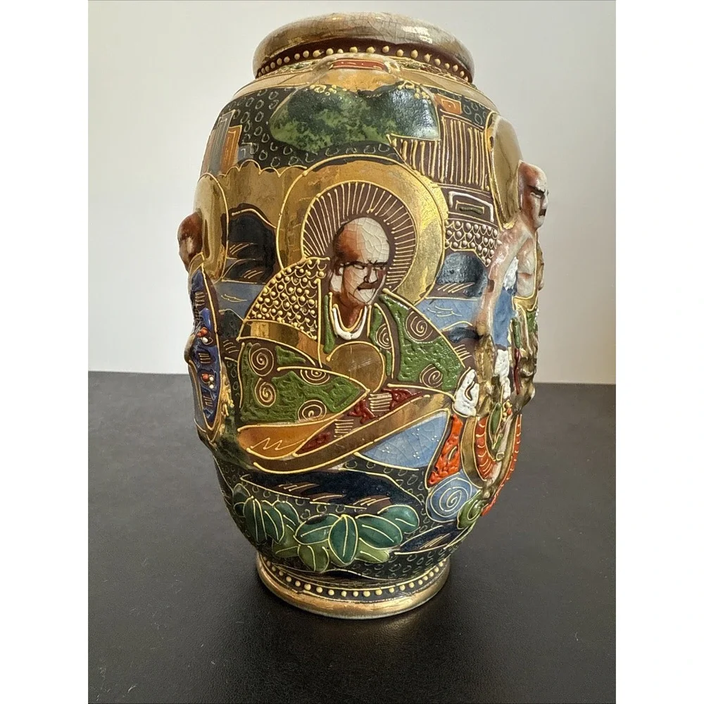 Antique Japanese Intricate Raised Enamel Moriage Satsuma Vase 6 Immortals Dragon